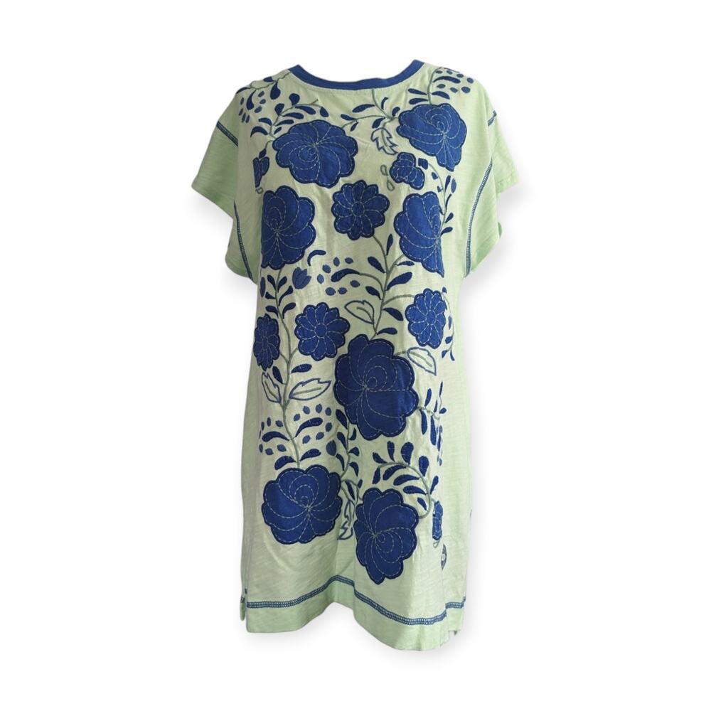Double D Ranch Blue Flowers Applique on Pale Green Cotton Tunic